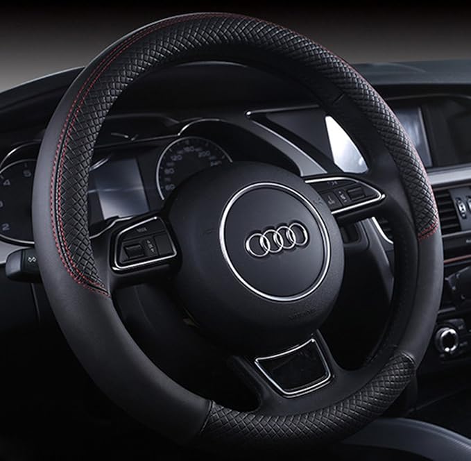 Follicomfy Auto Car Genuine Leather Steering Wheel Cover Anti Slip Wrap 15",Black