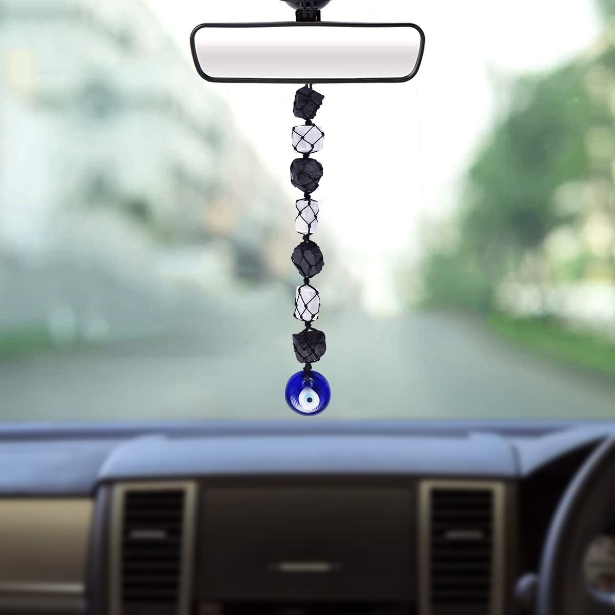Shubhanjali Evil Eye Black Tourmaline and Selenite Crystal Stones Hanging for Protection & Positivity, Decorative Hanging Ornament for Home, Car