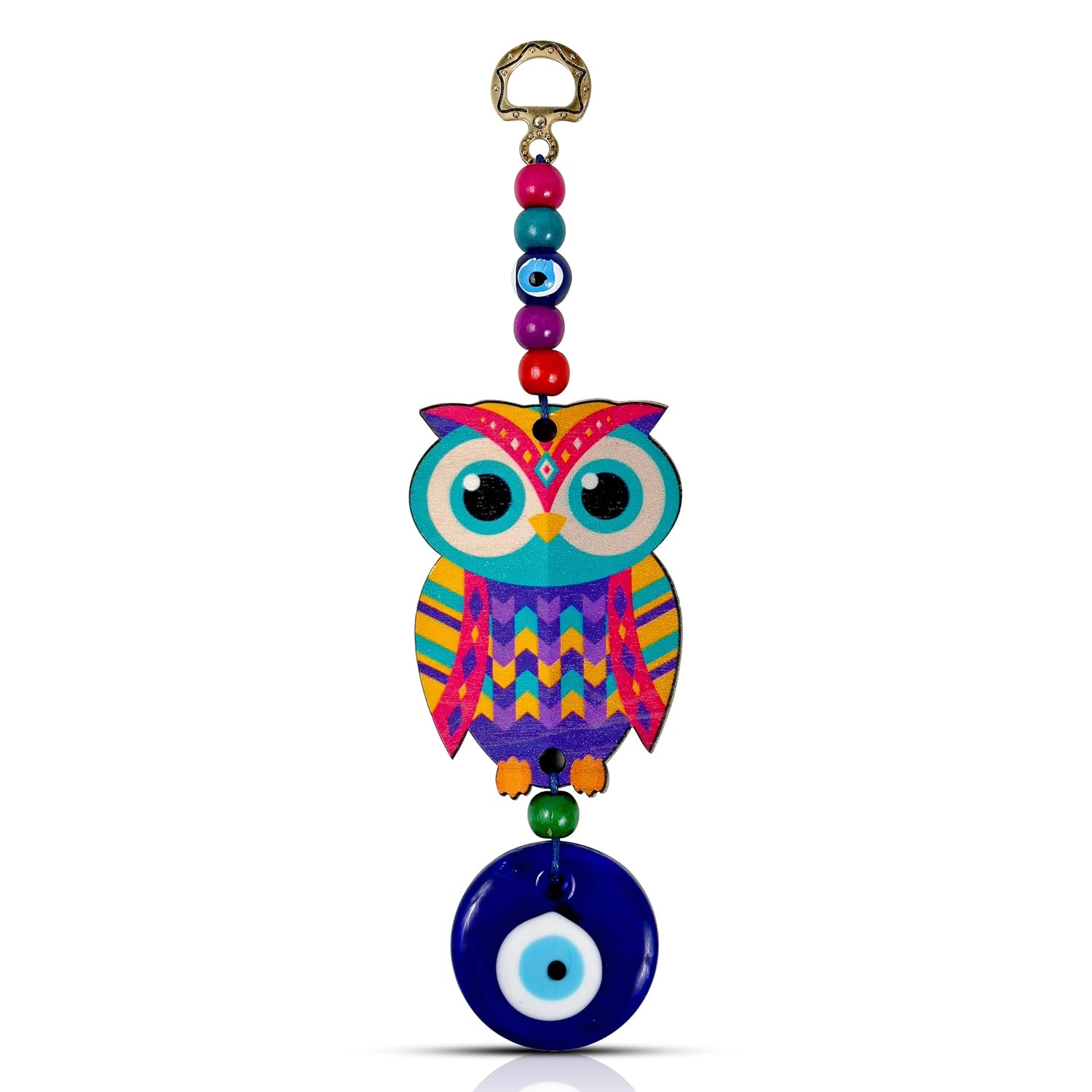 VKORA Metal, MDF Glass Multi Colored Owl Shaped Blue Evil Eye Hanging for Car Home & Office Decor